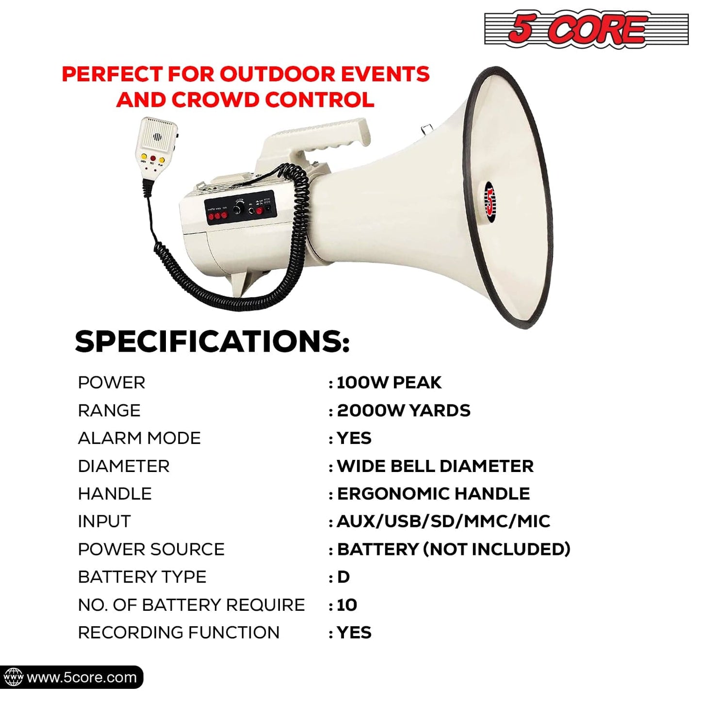 5Core Megaphone Bullhorn Speaker 100W Professional Bull Horn Battery Power Megafono 2000Yard Range 4501-2