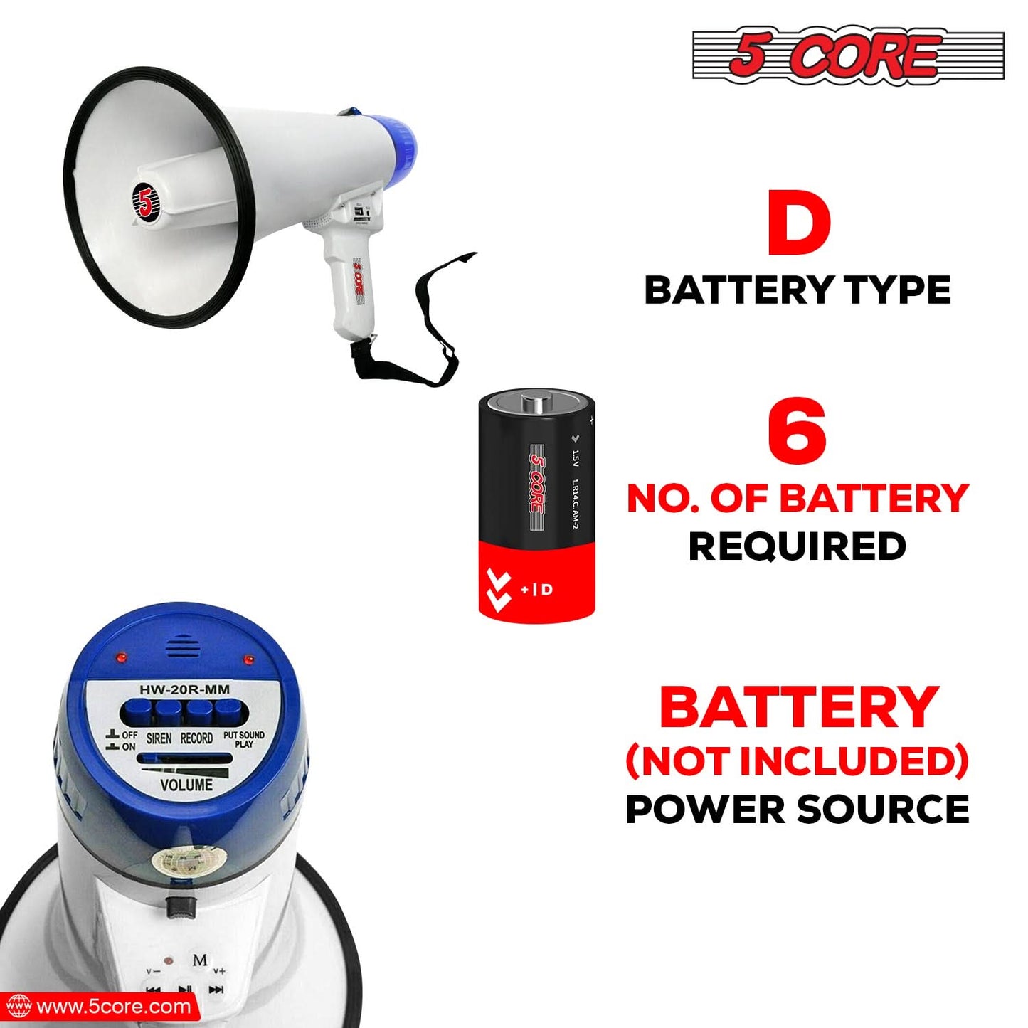 5Core Megaphone Bullhorn Speaker 20W Bull Horn Battery Power Cheer Megafono Loudspeaker USB-4