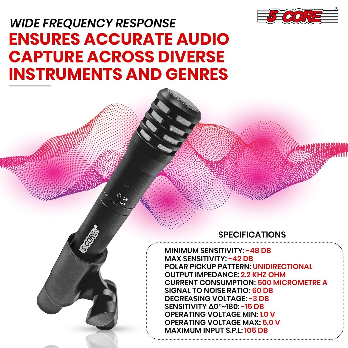 5Core Instrument Microphone Professional XLR Cardioid Pencil Stick Condenser Mic Black-1