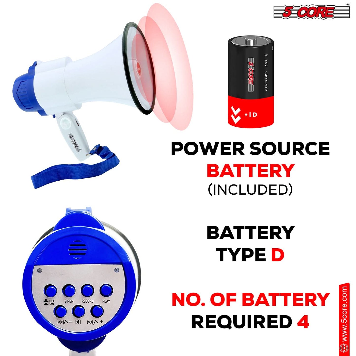 5Core Megaphone Bullhorn Speaker 30W Mini Bull Horn Battery Power Megafono 800 Feet USB-4