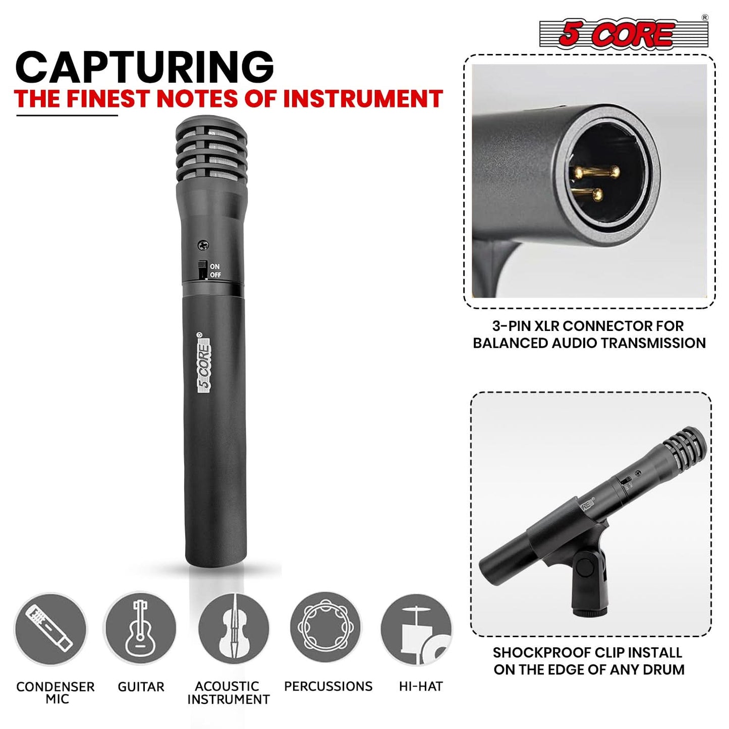 5Core Instrument Microphone Professional XLR Cardioid Pencil Stick Condenser Mic Black-2