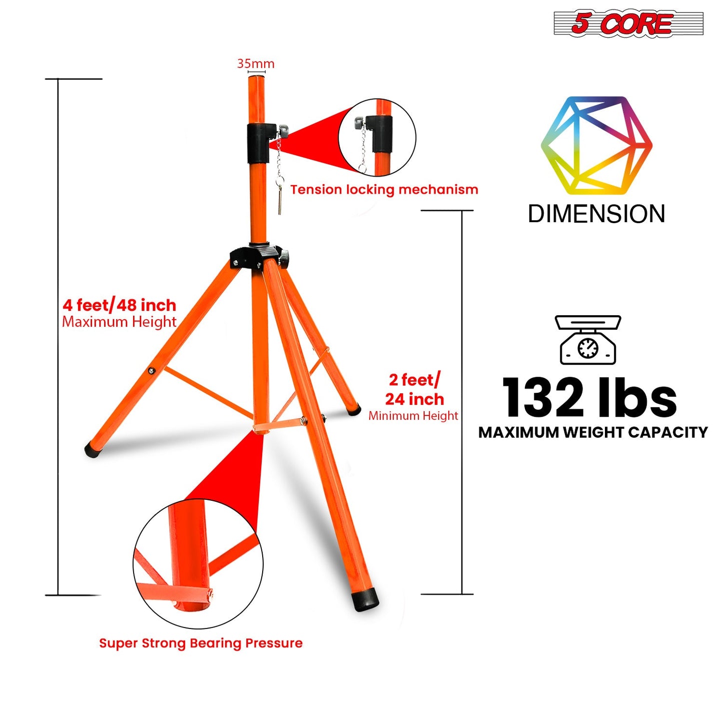 5Core Speaker Stand Tripod Floor Short Adjustable DJ Studio Monitor Stands Pole Mount ORANGE-1
