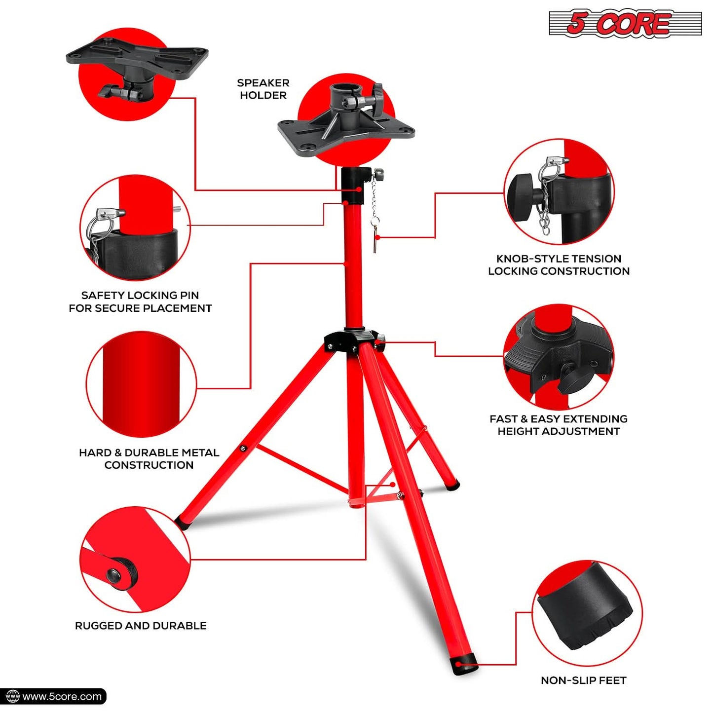 5Core Speaker Stand Tripod Tall Adjustable 72 Inch DJ Pole Mount Studio Monitor Stands RED-4