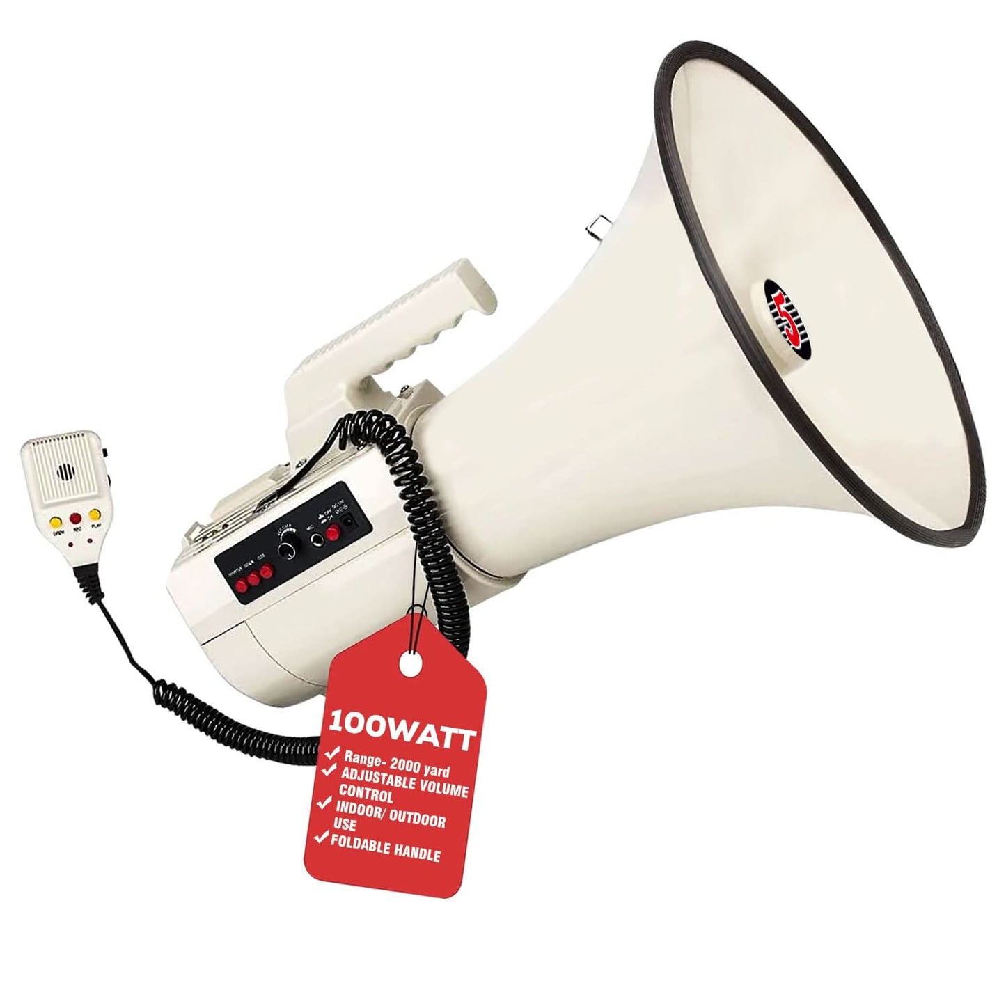 5Core Megaphone Bullhorn Speaker 100W Professional Bull Horn Battery Power Megafono 2000Yard Range 4501-0