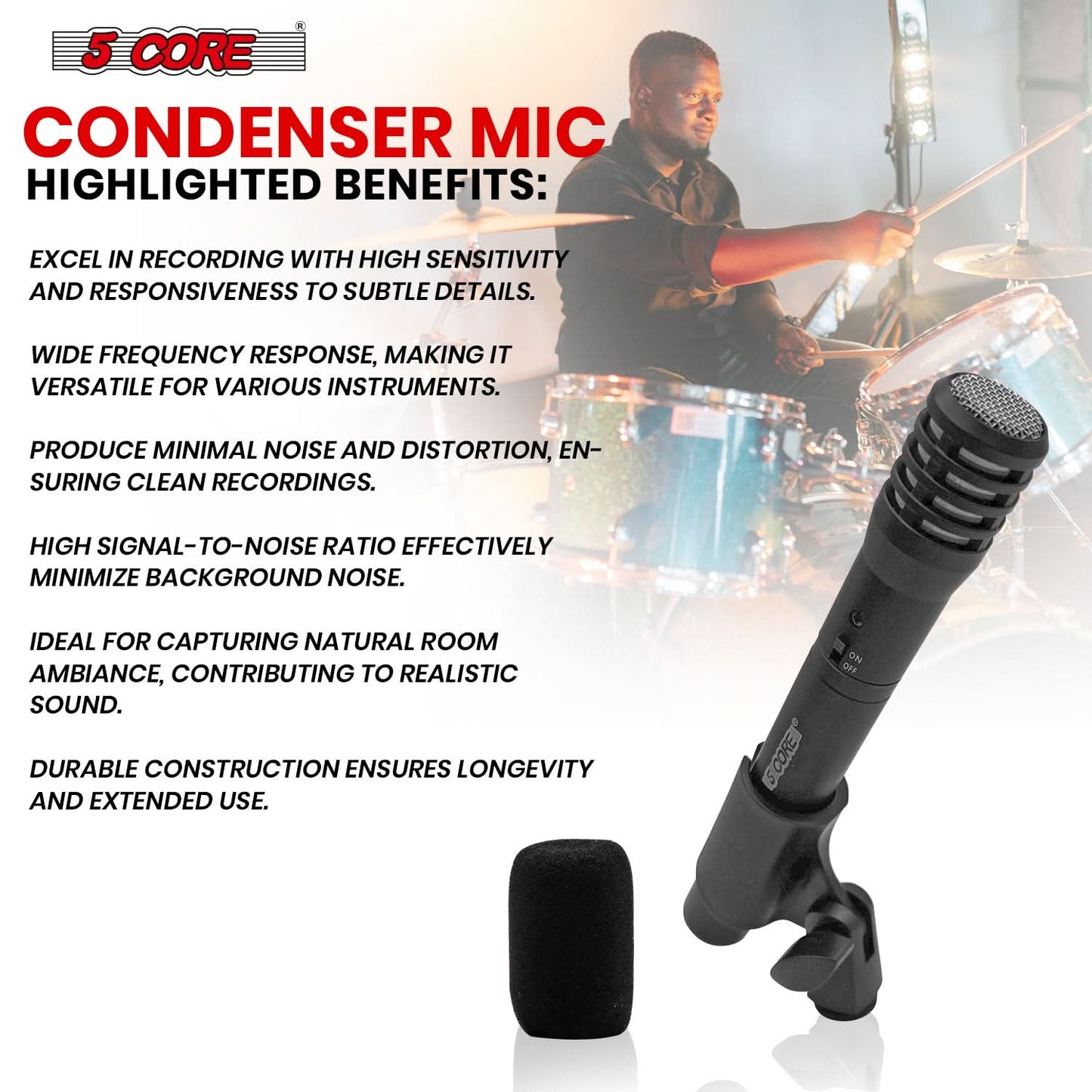 5Core Instrument Microphone Professional XLR Cardioid Pencil Stick Condenser Mic Black-4