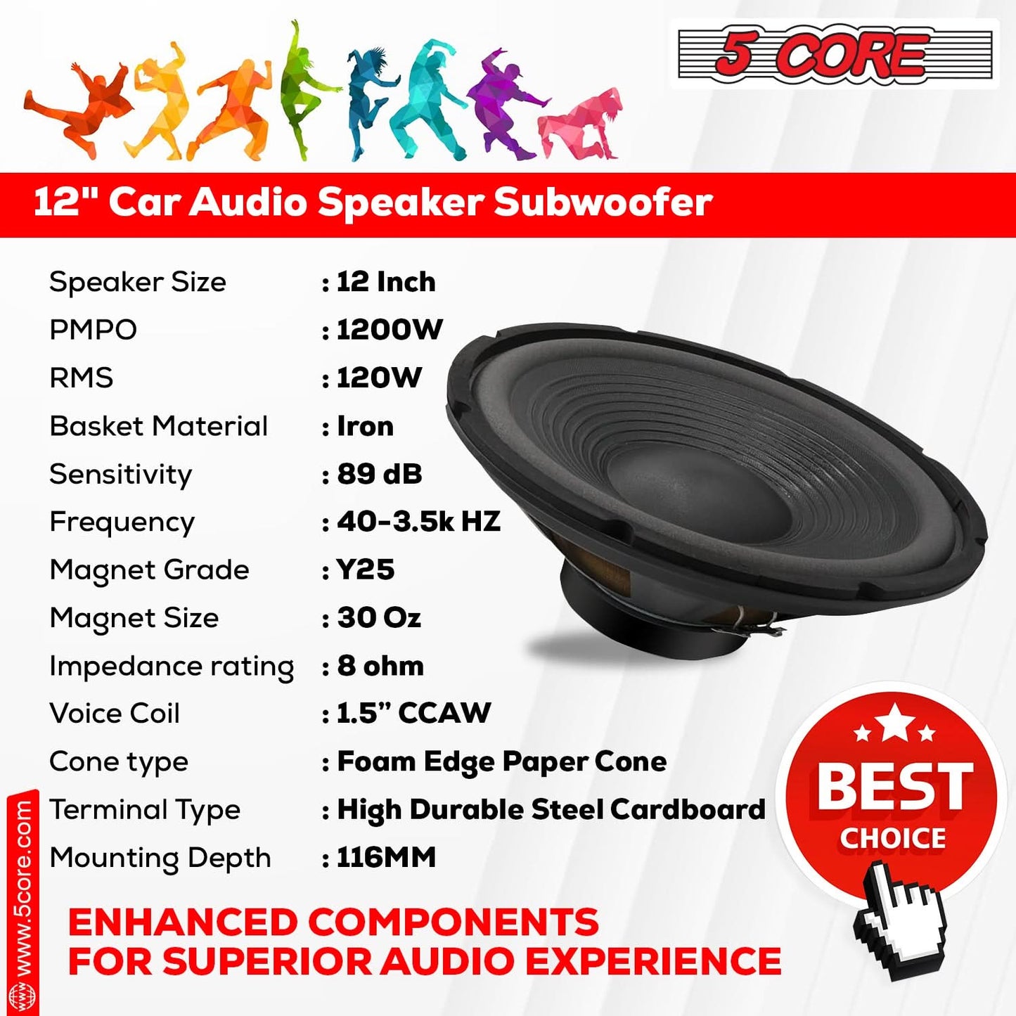 5Core 12 Inch DJ Subwoofer Speaker 1200W Peak 8Ohm Audio Replacement Sub woofer-1