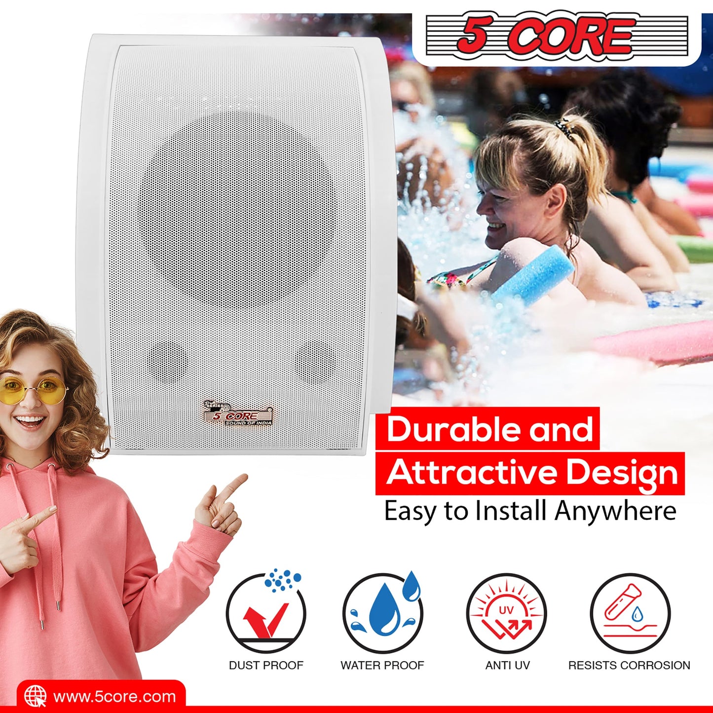 5 Core Wall Speaker 80W Max Power Indoor Outdoor Speakers White High Performance All Weather Wall Mount PA Speaker Wired Entertainment System for Patio Room Garage Restaurant Office - WS-11 5 2PCS-11