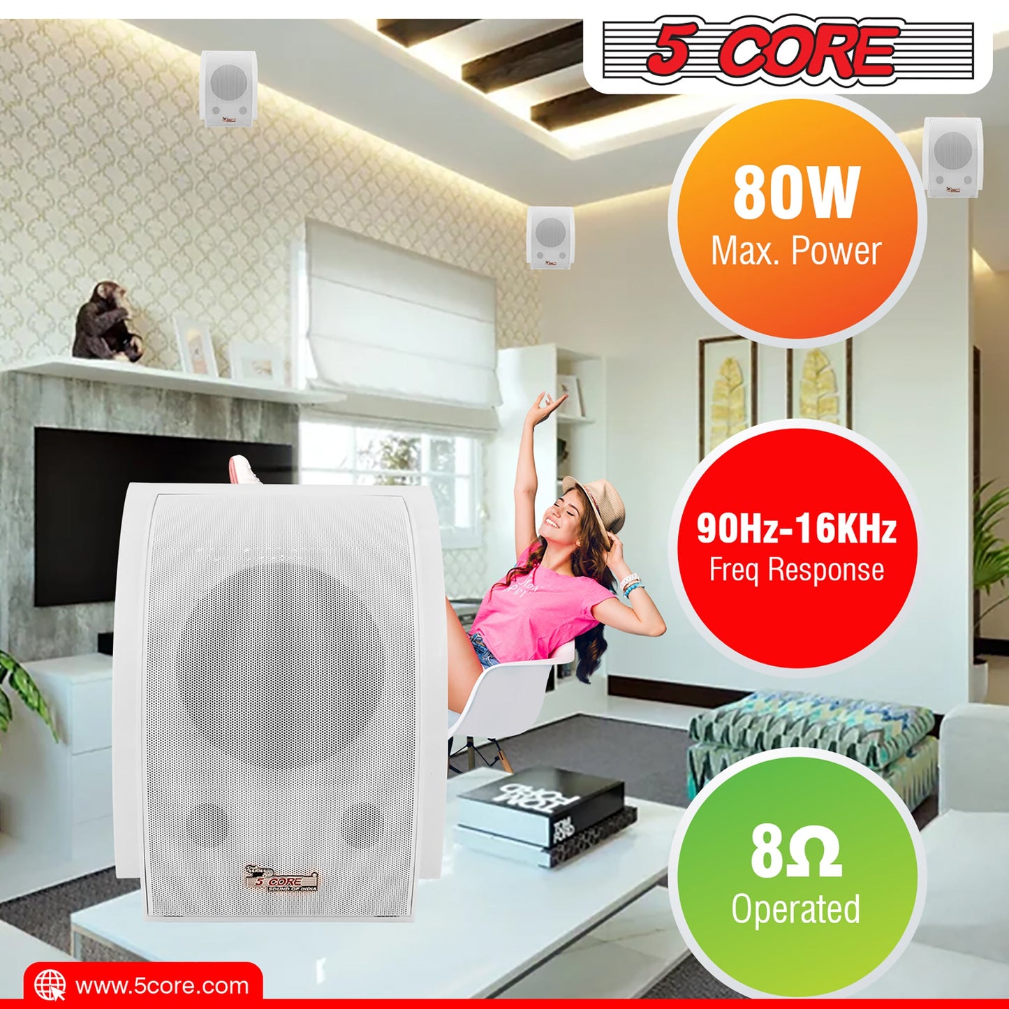 5 Core Wall Speaker 80W Max Power Indoor Outdoor Speakers White High Performance All Weather Wall Mount PA Speaker Wired Entertainment System for Patio Room Garage Restaurant Office - WS-11 5 2PCS-12