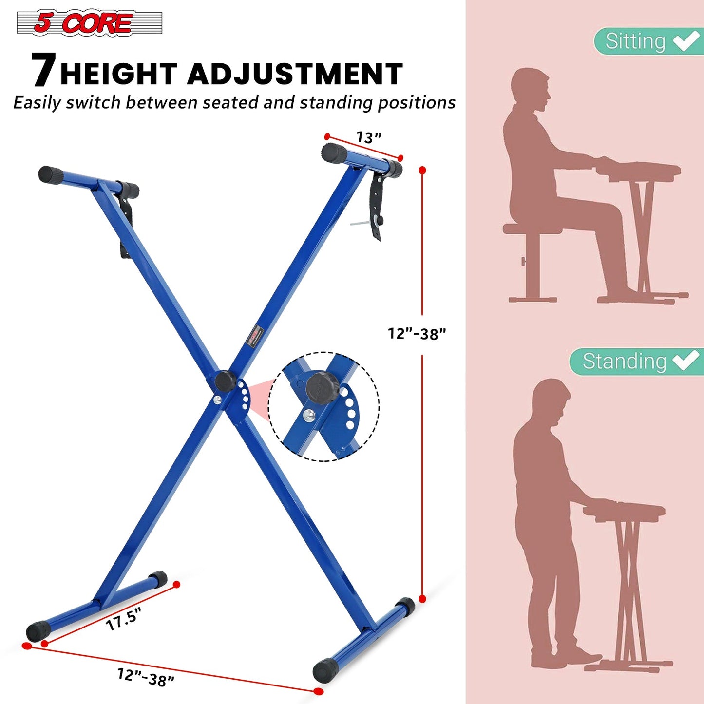 5Core Keyboard Stand Single X Style Adjustable Lift Piano Riser For 49 To 88 Keys BLUE-1