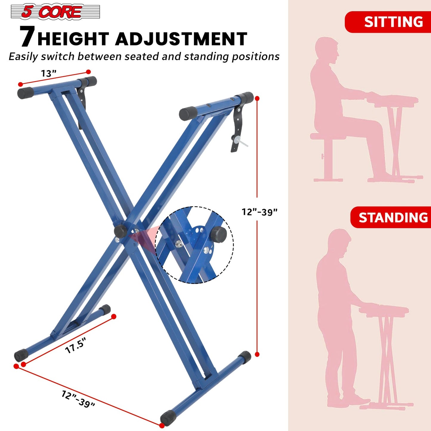 5Core Keyboard Stand Double X Style Adjustable Lift Piano Riser For 49 To 88 Keys BLUE-1