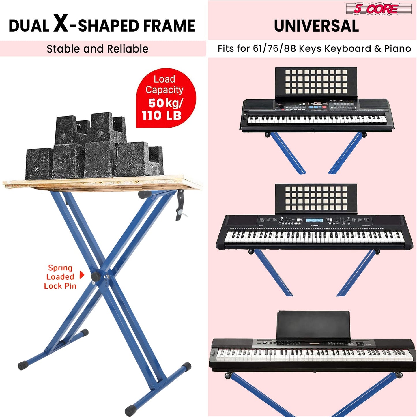 5Core Keyboard Stand Double X Style Adjustable Lift Piano Riser For 49 To 88 Keys BLUE-2