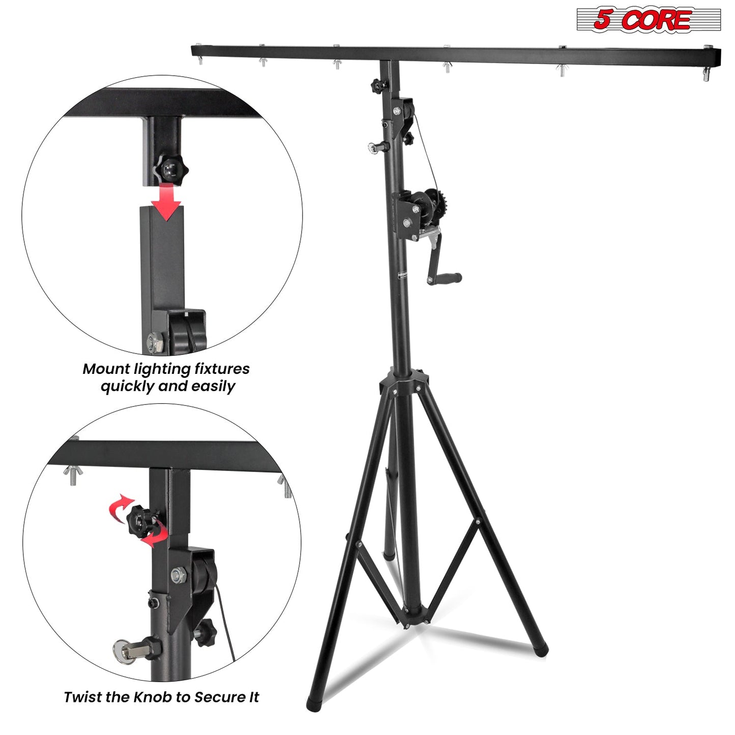 5Core DJ Light Stand Stage Lighting (2 PACK) Truss System Hand Crank Up Portable Heavy Duty Height Adjustable 65.5 to 111 Inches T bar Mount for Can Lights Tall Lighting Tripod Floor LS 120 Crank 2PCS-4
