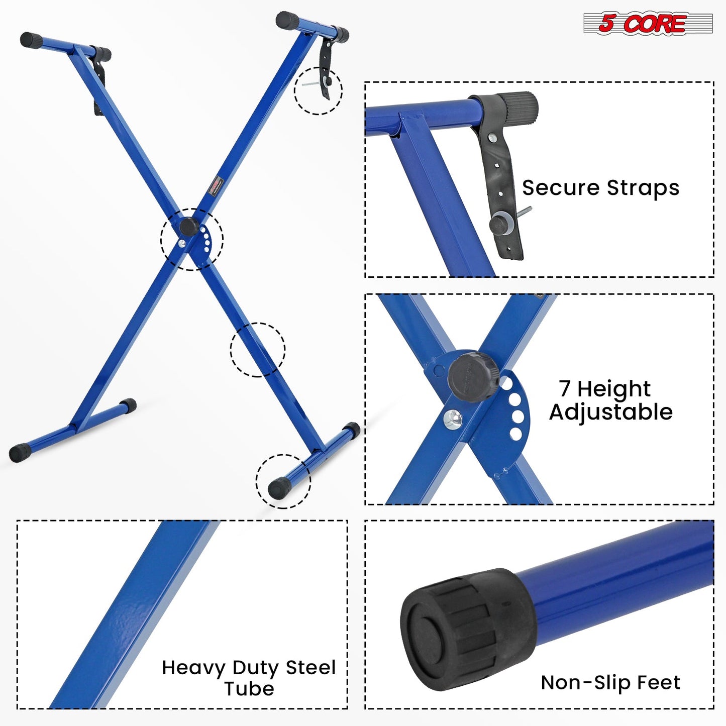 5Core Keyboard Stand Single X Style Adjustable Lift Piano Riser For 49 To 88 Keys BLUE-4
