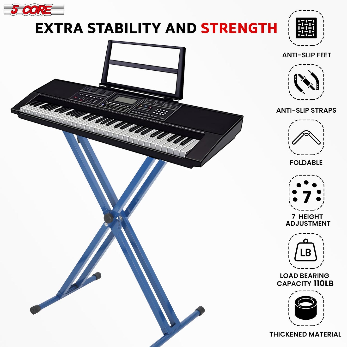 5Core Keyboard Stand Double X Style Adjustable Lift Piano Riser For 49 To 88 Keys BLUE-4