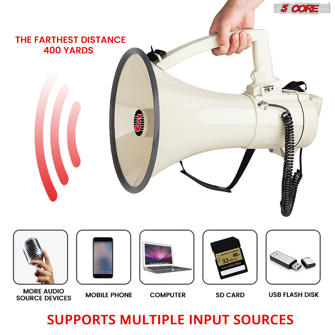 5Core Professional Megaphone Bullhorn Cheer Horn Mic Recording Siren 75W PMPO 3501 USB