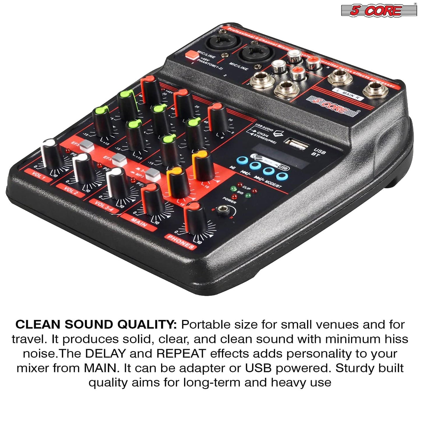 5Core U4 Portable Mini Mixer 4 Channel Audio DJ Console with Sound Card, USB, 48V Phantom Power for PC Recording MX 4CH