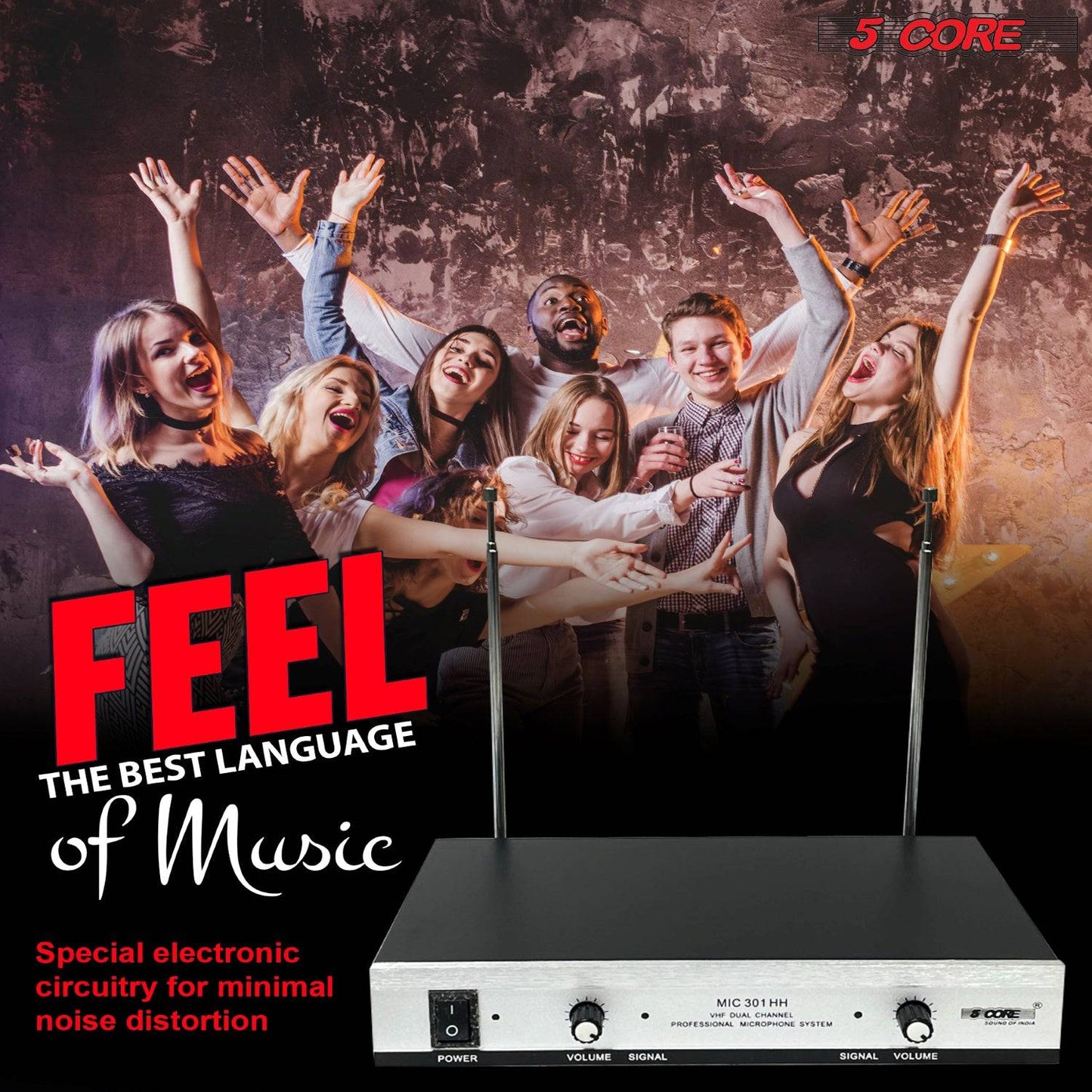 5Core VHF Dual Channel DIGITAL Wireless Microphone System Receiver 2x Hand Mic WM 301 HH BLK