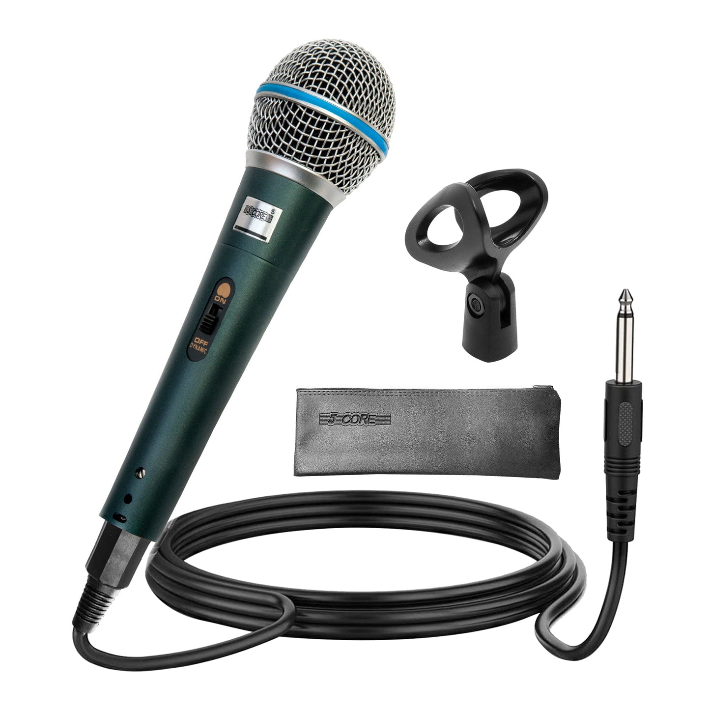 5 Core Microphone 3 Pieces Green Karaoke XLR Wired Professional Studio Mic w ON/OFF Switch Integrated Pop Filter Dynamic Cardioid Unidirectional Handheld Micrófono for Singing DJ Speeches Includes Cable Mic Holder Bag - BETA 3PCS-1