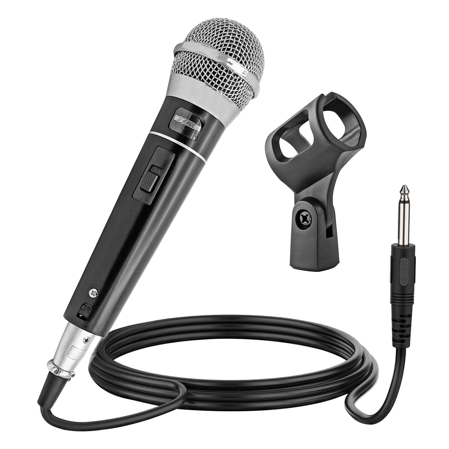 5 Core Microphone 1 Piece Black Professional Karaoke Dynamic XLR Wired Mic w ON/OFF Switch Integrated Pop Filter Cardioid Unidirectional Pickup Handheld Micrófono for Singing DJ Speeches Includes Cable Mic Holder - PM 100-0
