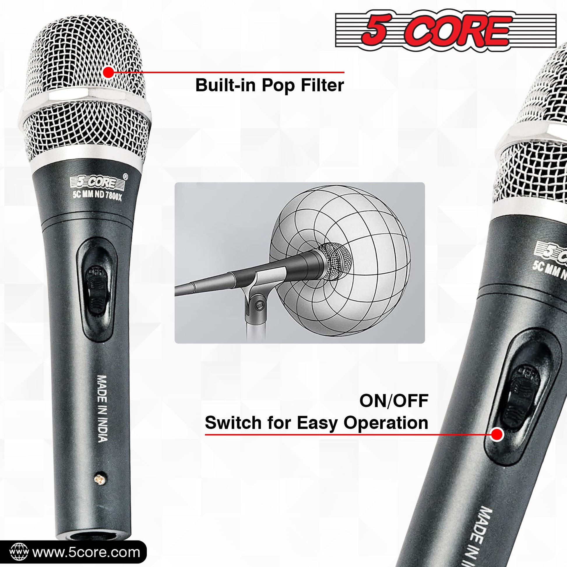 5 Core Microphone Professional Dynamic Karaoke XLR Wired Mic w ON/OFF Switch Pop Filter Cardioid Unidirectional Pickup Handheld Micrófono -ND-7800X 2PCS-24