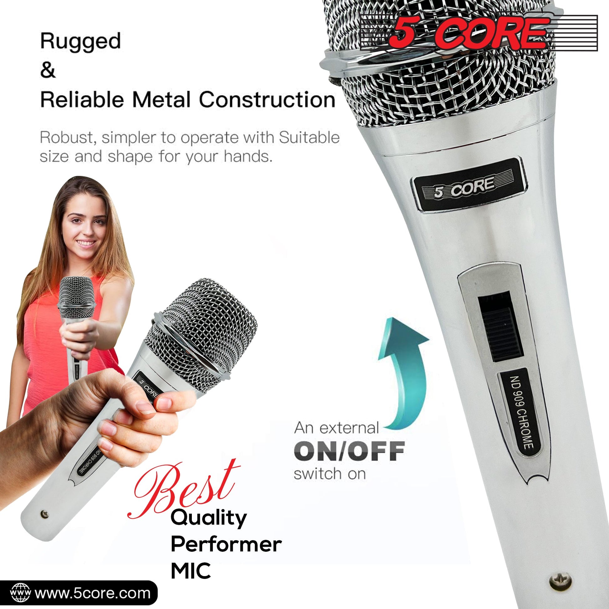 5 Core Microphone Professional Dynamic Karaoke XLR Wired Mic w ON/OFF Switch Pop Filter Cardioid Unidirectional Pickup Micrófono -ND 909 CHROME 2PCS-24