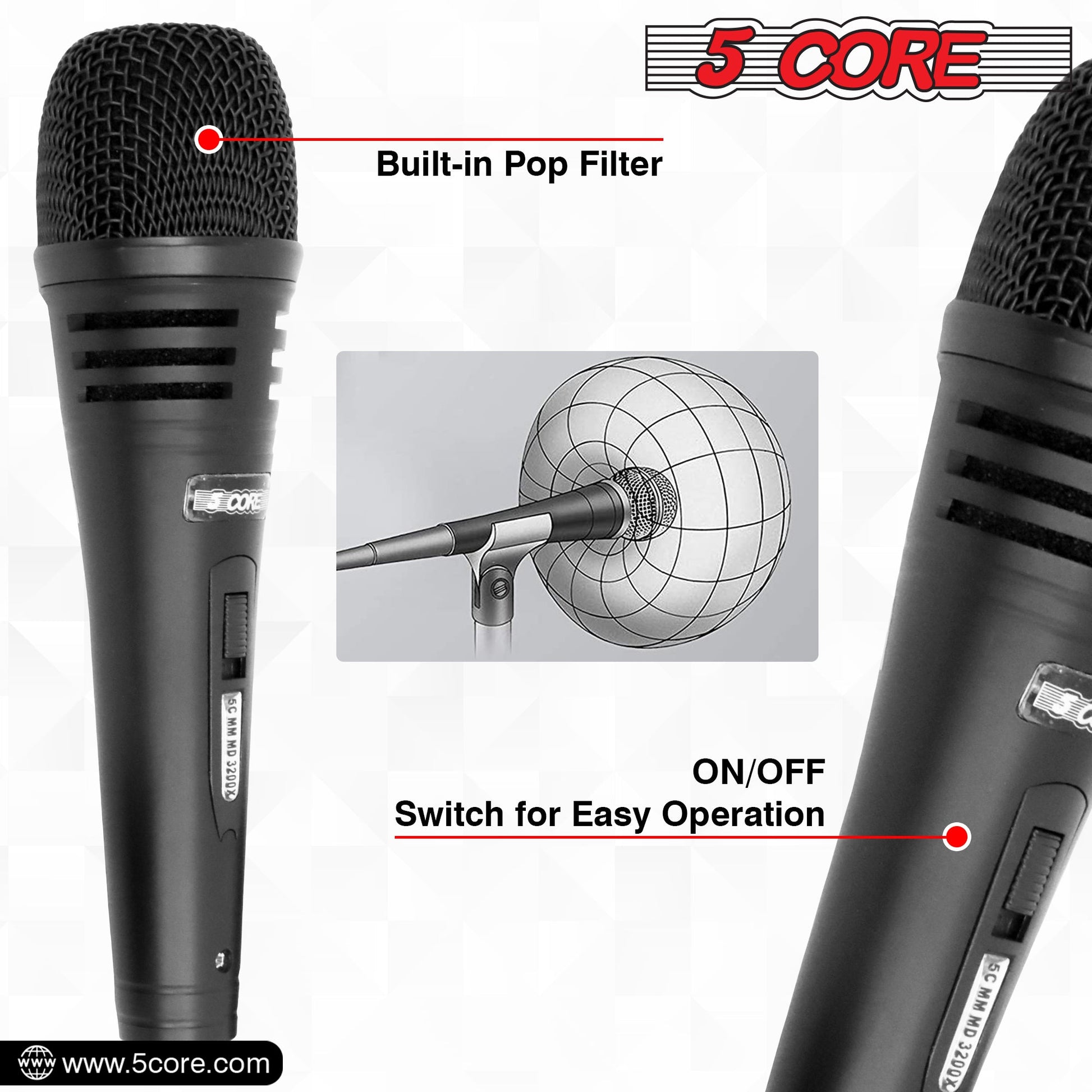 5 Core Microphone Professional Dynamic Karaoke XLR Wired Mic w ON/OFF Switch Pop Filter Cardioid Unidirectional Pickup Handheld Micrófono -ND 3200X 2 Pcs-10