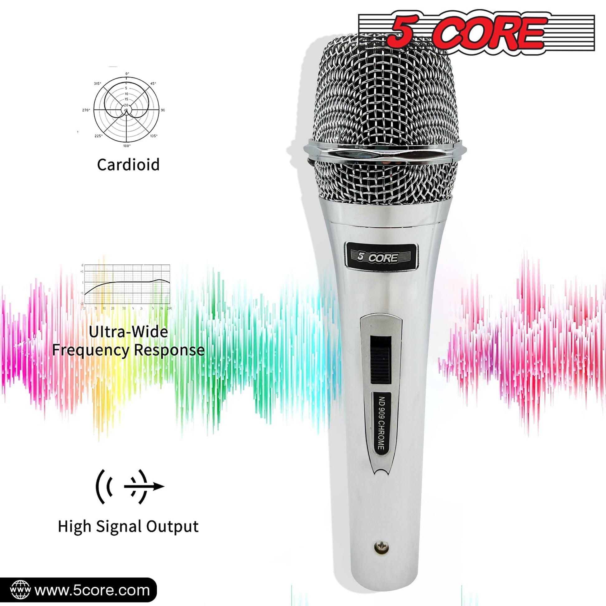 5 Core Microphone Professional Dynamic Karaoke XLR Wired Mic w ON/OFF Switch Pop Filter Cardioid Unidirectional Pickup Micrófono -ND 909 CHROME 2PCS-8