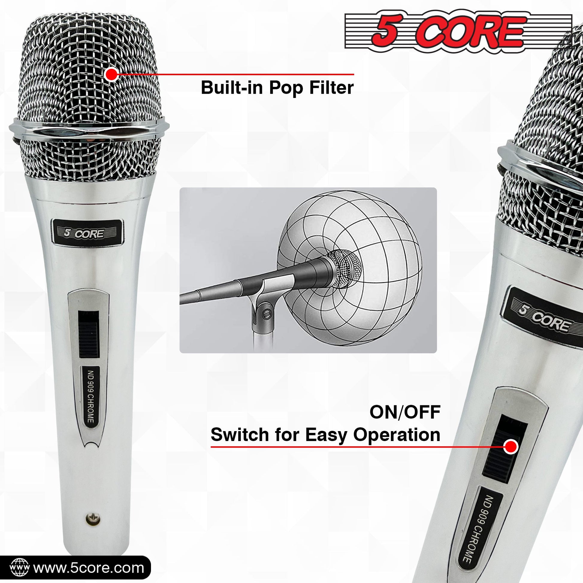 5 Core Microphone Professional Dynamic Karaoke XLR Wired Mic w ON/OFF Switch Pop Filter Cardioid Unidirectional Pickup Micrófono -ND 909 CHROME 2PCS-1