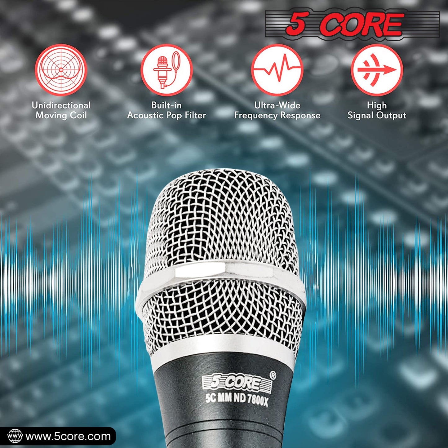 5 Core Microphone Professional Dynamic Karaoke XLR Wired Mic w ON/OFF Switch Pop Filter Cardioid Unidirectional Pickup Handheld Micrófono -ND-7800X 2PCS-26