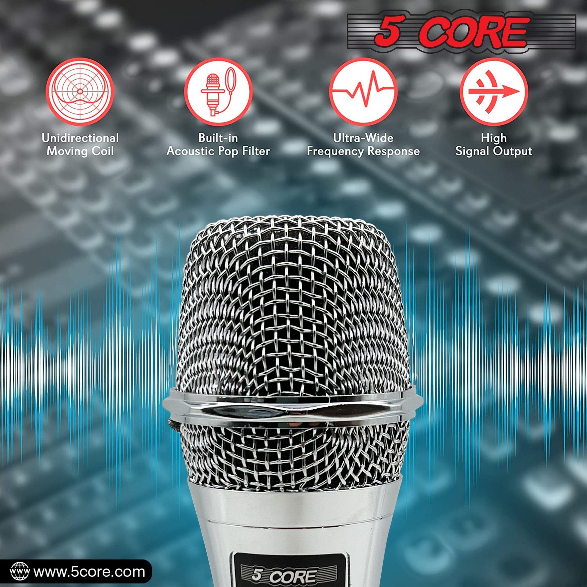 5 Core Microphone Professional Dynamic Karaoke XLR Wired Mic w ON/OFF Switch Pop Filter Cardioid Unidirectional Pickup Micrófono -ND 909 CHROME 2PCS-10