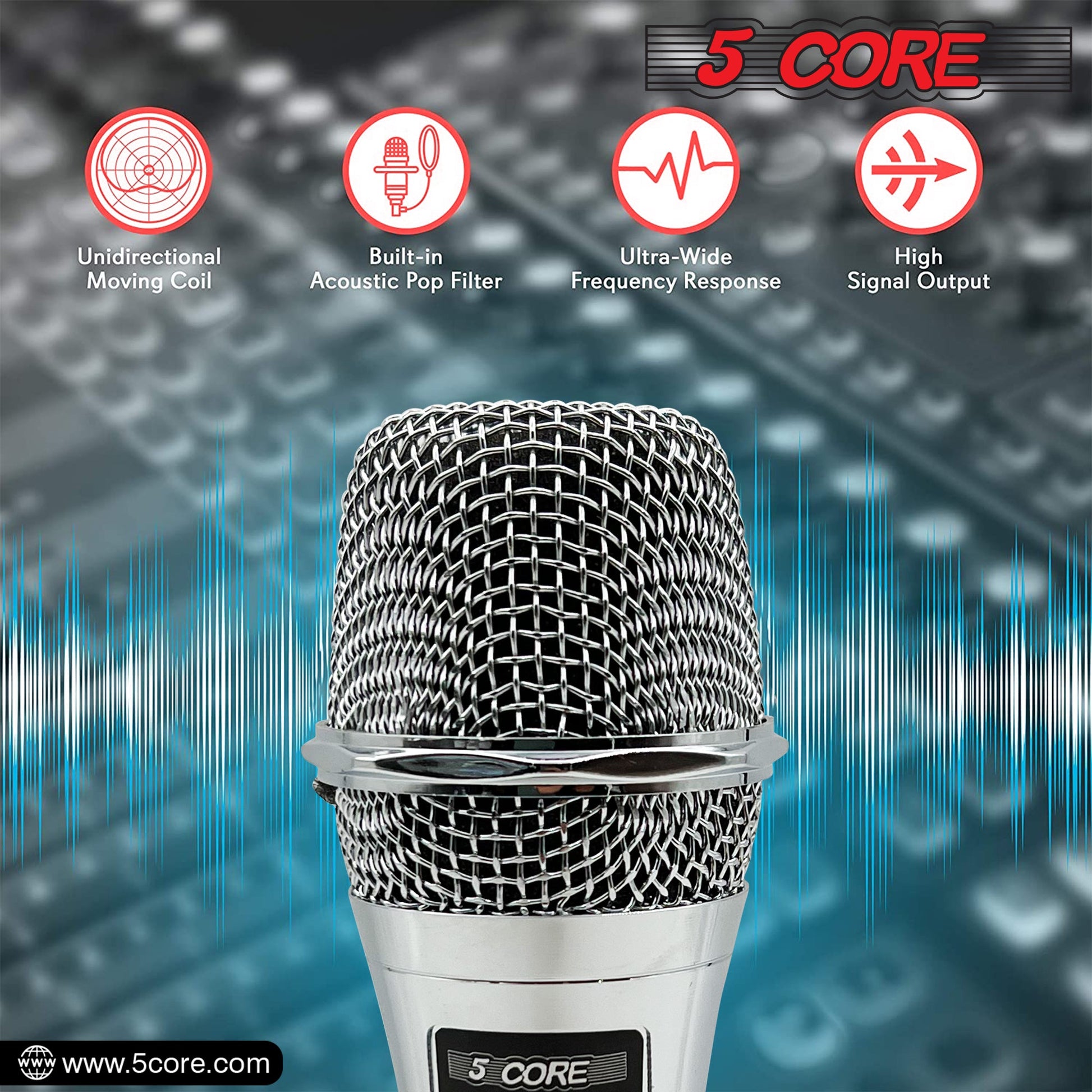 5 Core Microphone Professional Dynamic Karaoke XLR Wired Mic w ON/OFF Switch Pop Filter Cardioid Unidirectional Pickup Micrófono -ND 909 CHROME 2PCS-27
