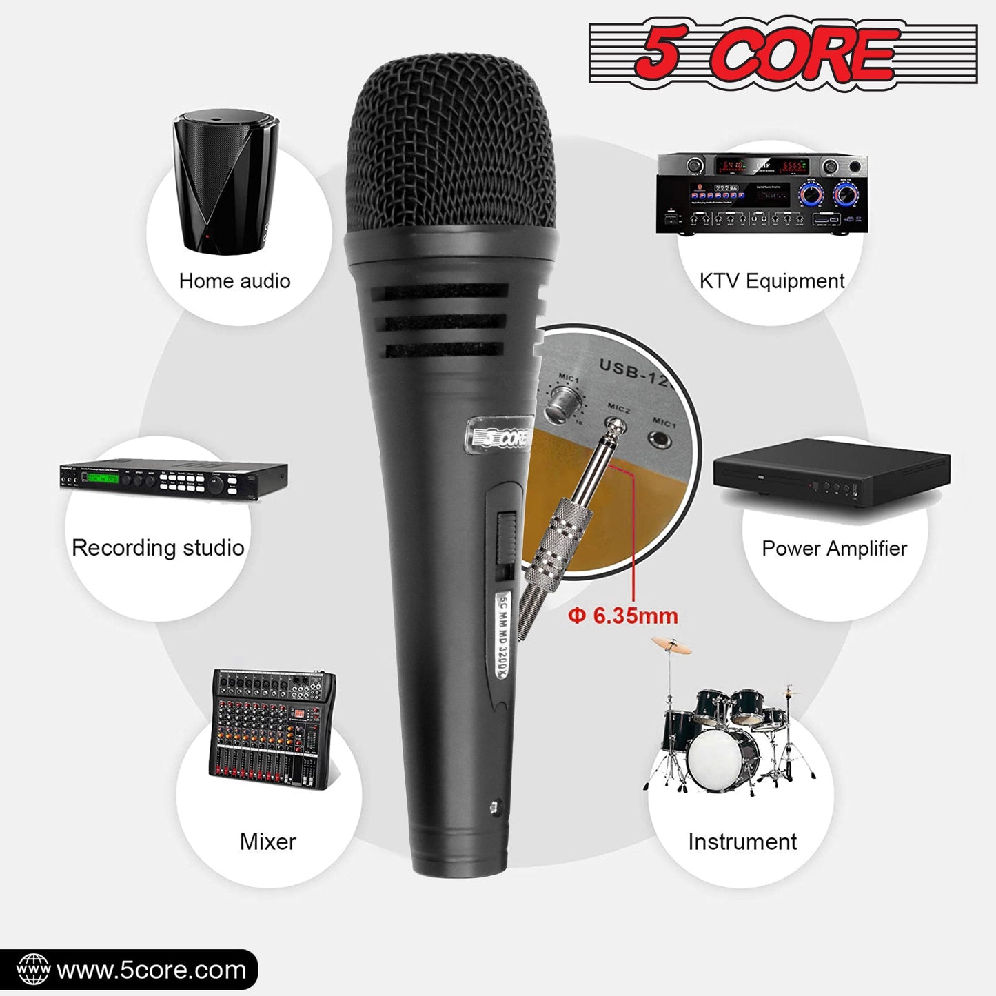 5 Core Microphone Professional Dynamic Karaoke XLR Wired Mic w ON/OFF Switch Pop Filter Cardioid Unidirectional Pickup Handheld Micrófono -ND 3200X 2 Pcs-29