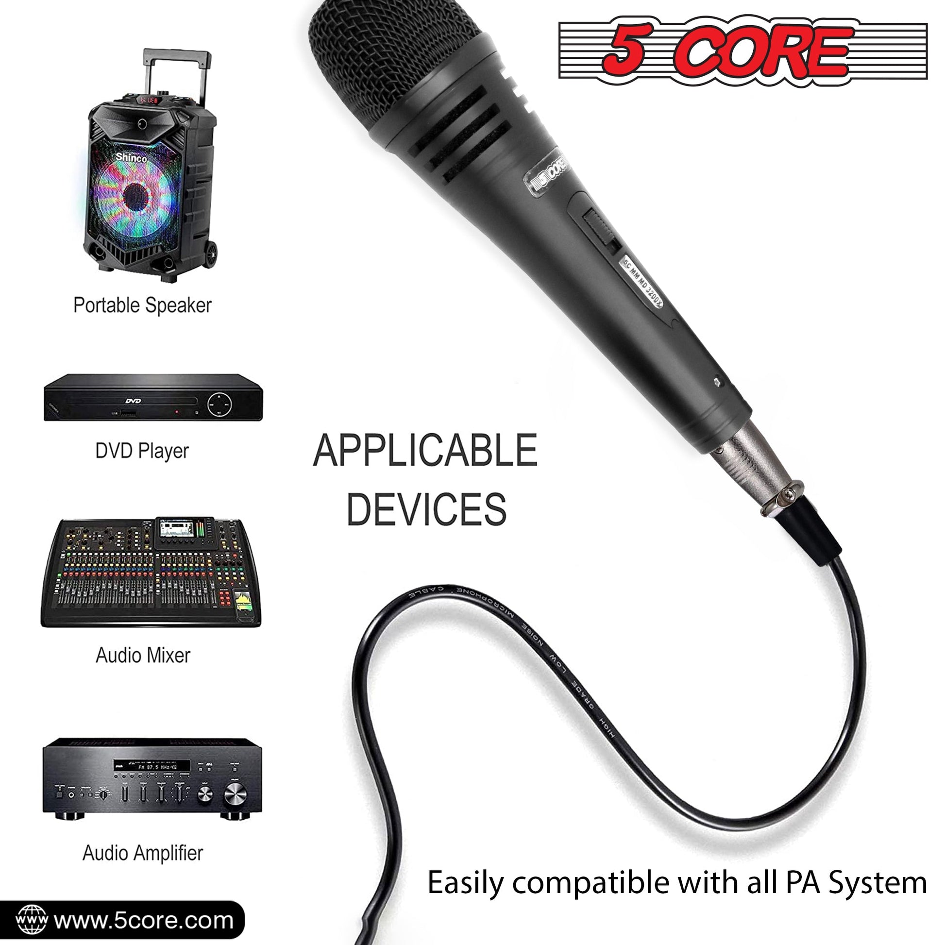 5 Core Microphone Professional Dynamic Karaoke XLR Wired Mic w ON/OFF Switch Pop Filter Cardioid Unidirectional Pickup Handheld Micrófono -ND 3200X 2 Pcs-19