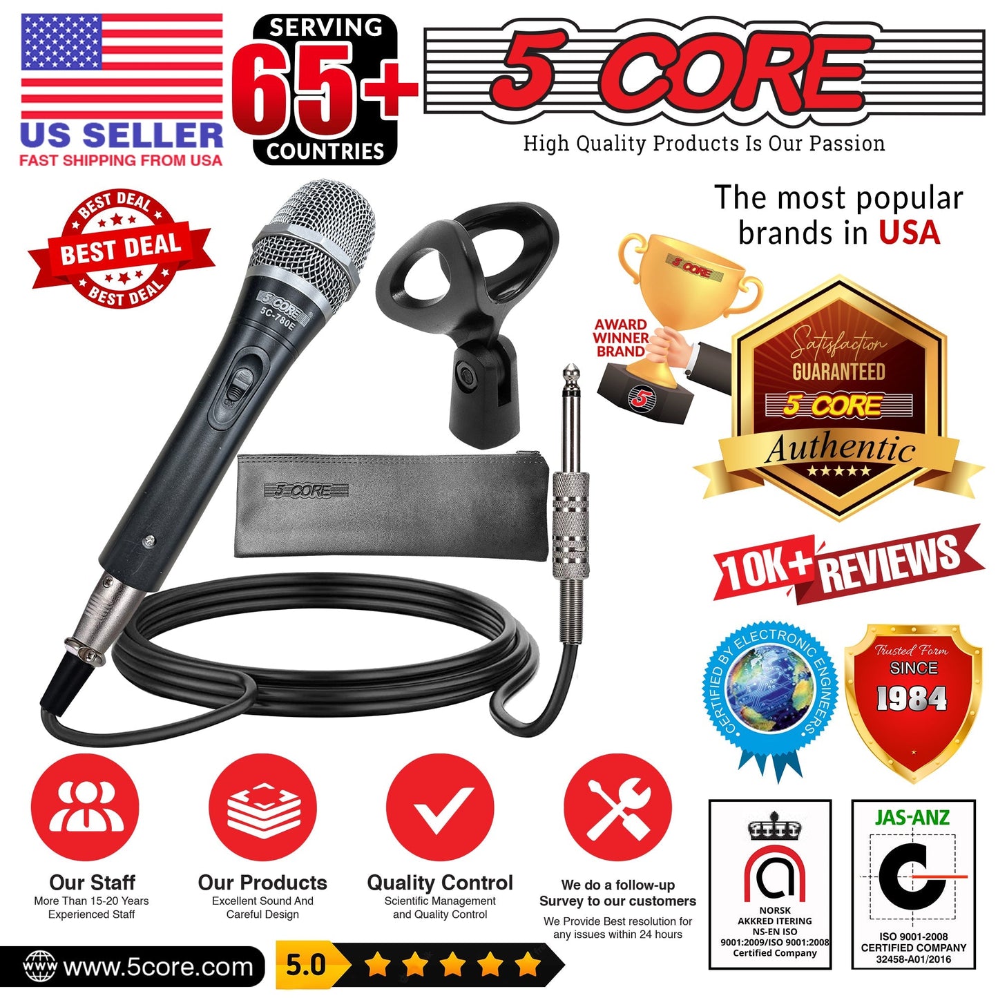 5 Core Microphone Professional Dynamic Karaoke XLR Wired Mic w ON/OFF Switch Pop Filter Cardioid Unidirectional Pickup Handheld Micrófono -ND-7800X 2PCS-16