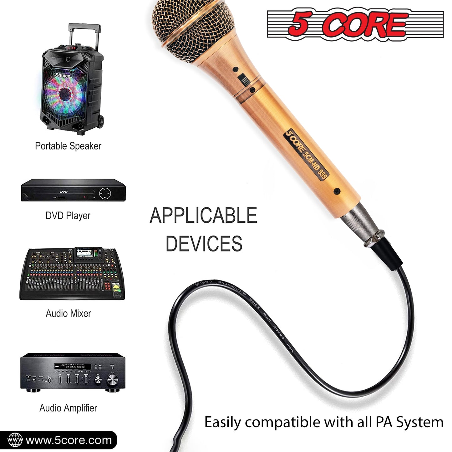 5 Core Microphone Professional Dynamic Karaoke XLR Wired Mic w ON/OFF Switch Pop Filter Cardioid Unidirectional Handheld Micrófono -ND-959 Elantra 2PCS-25