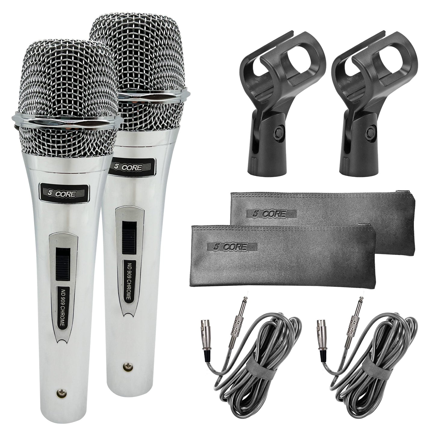 5 Core Microphone Professional Dynamic Karaoke XLR Wired Mic w ON/OFF Switch Pop Filter Cardioid Unidirectional Pickup Micrófono -ND 909 CHROME 2PCS-19