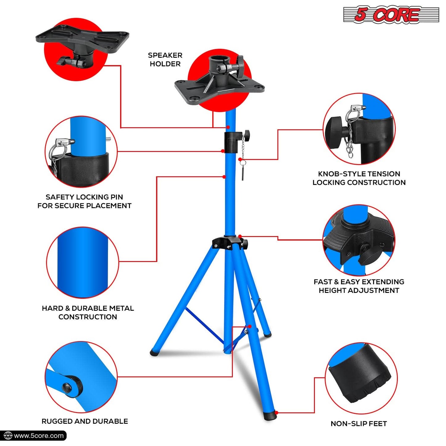 5Core Speaker Stand Tripod Tall Adjustable 72 Inch DJ Pole Mount Studio Monitor Stands SKY BLUE-1