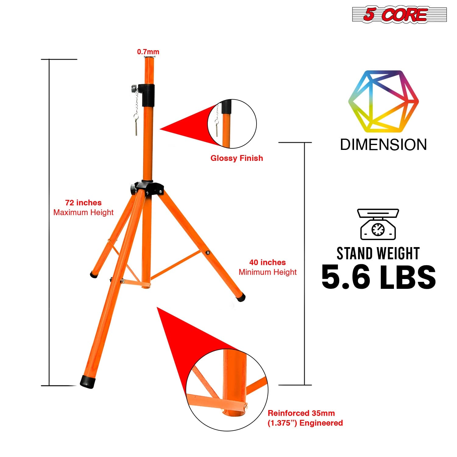 5Core Speaker Stand Tripod Tall Adjustable 72 Inch DJ Pole Mount Studio Monitor Stands ORANGE-2