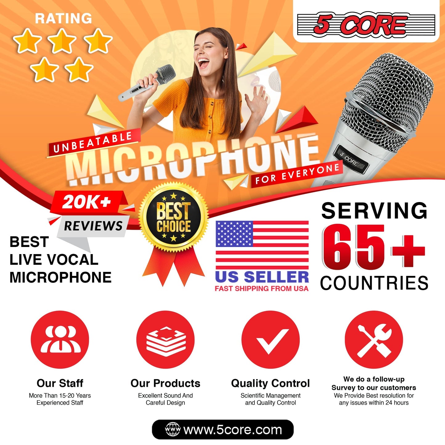5 Core Microphone Professional Dynamic Karaoke XLR Wired Mic w ON/OFF Switch Pop Filter Cardioid Unidirectional Pickup Micrófono -ND 909 CHROME 2PCS-18