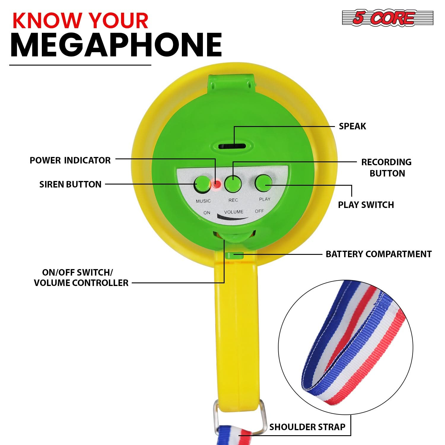 5Core Megaphone Bullhorn Speaker 15W Mini Battery Power Bull horn w Siren 400 Yard Range Yellow-3