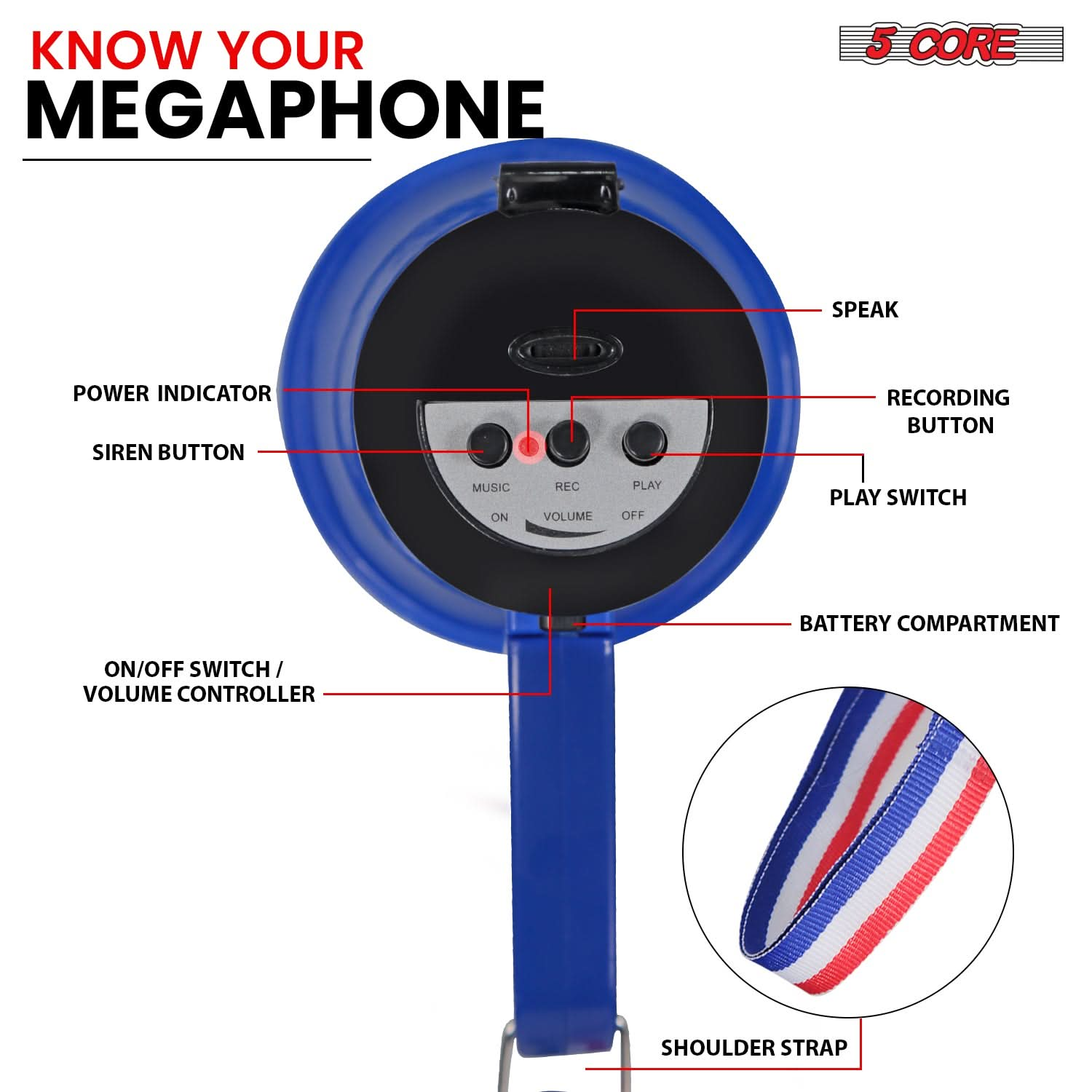 5Core Megaphone Bullhorn Speaker 15W Mini Battery Power Bull horn w Siren 400 Yard Range Blue-3