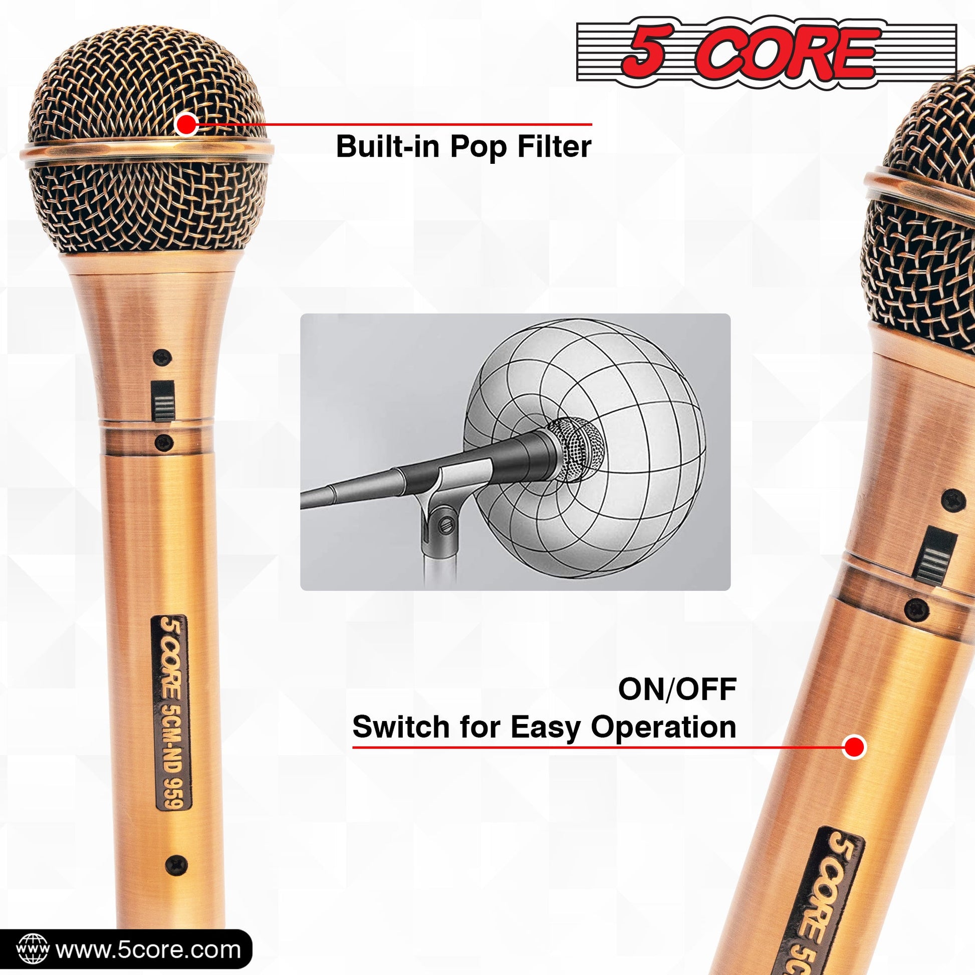 5 Core Microphone Professional Dynamic Karaoke XLR Wired Mic w ON/OFF Switch Pop Filter Cardioid Unidirectional Handheld Micrófono -ND-959 Elantra 2PCS-2