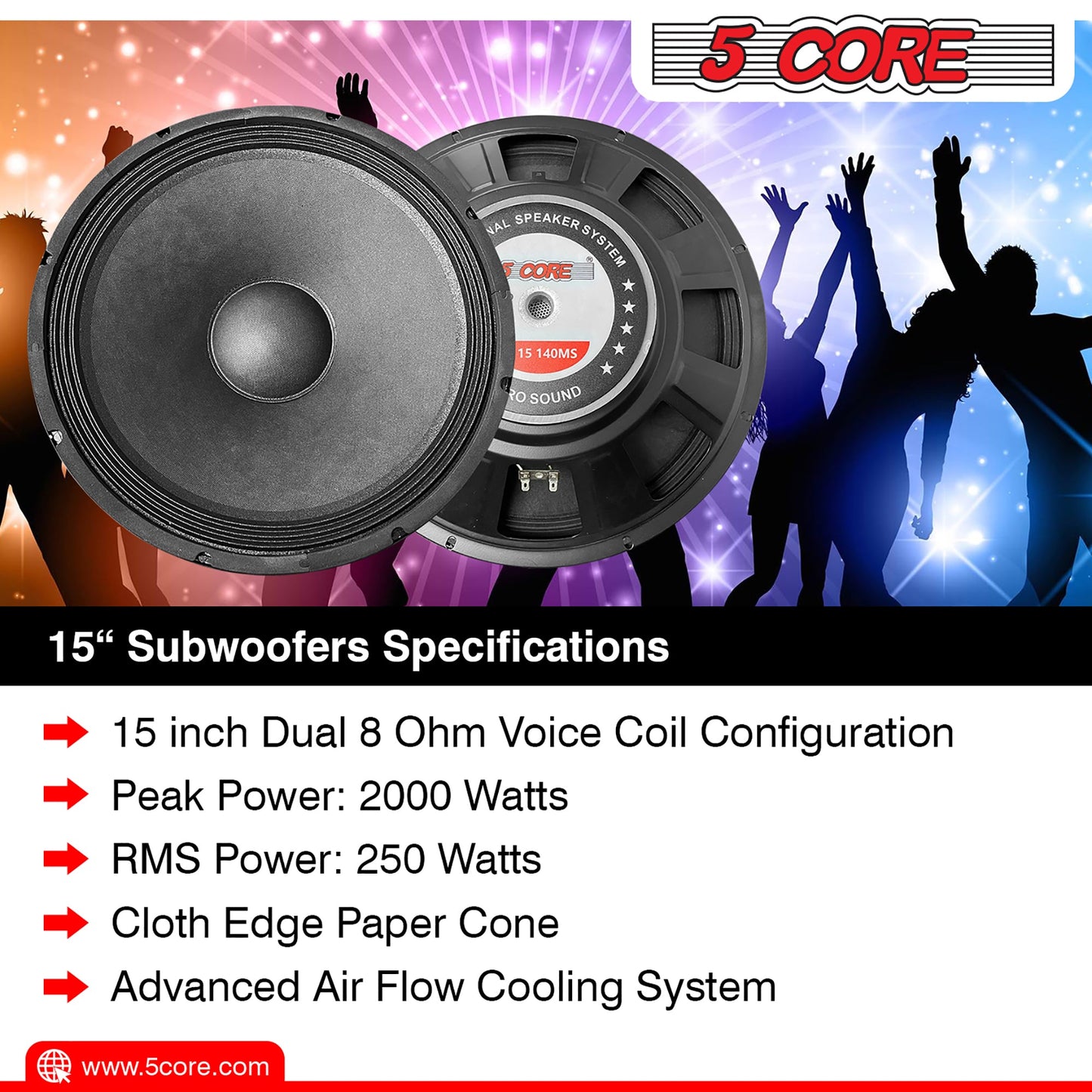 5 Core 15 Inch Subwoofer Speaker 8 Ohm Full Range Replacement DJ Woofer w 60 Oz Magnet-9