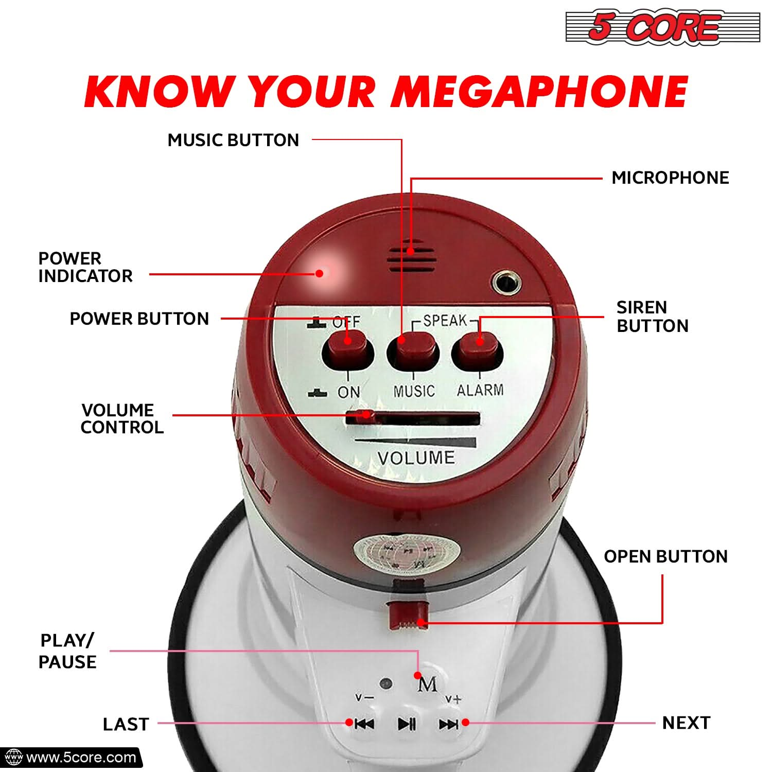 5Core Megaphone Bullhorn Speaker 50W Bull Horn Cheer Megafono 1000 Yards Battery-2