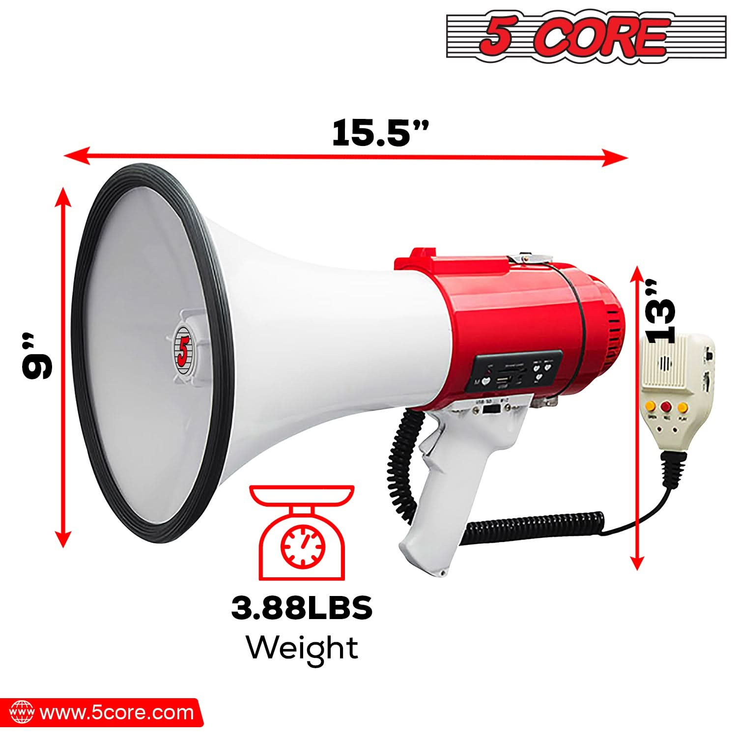 5Core Megaphone Bullhorn Speaker Pro 60W Bull Horn Rechargeable Cheer Megafono-2