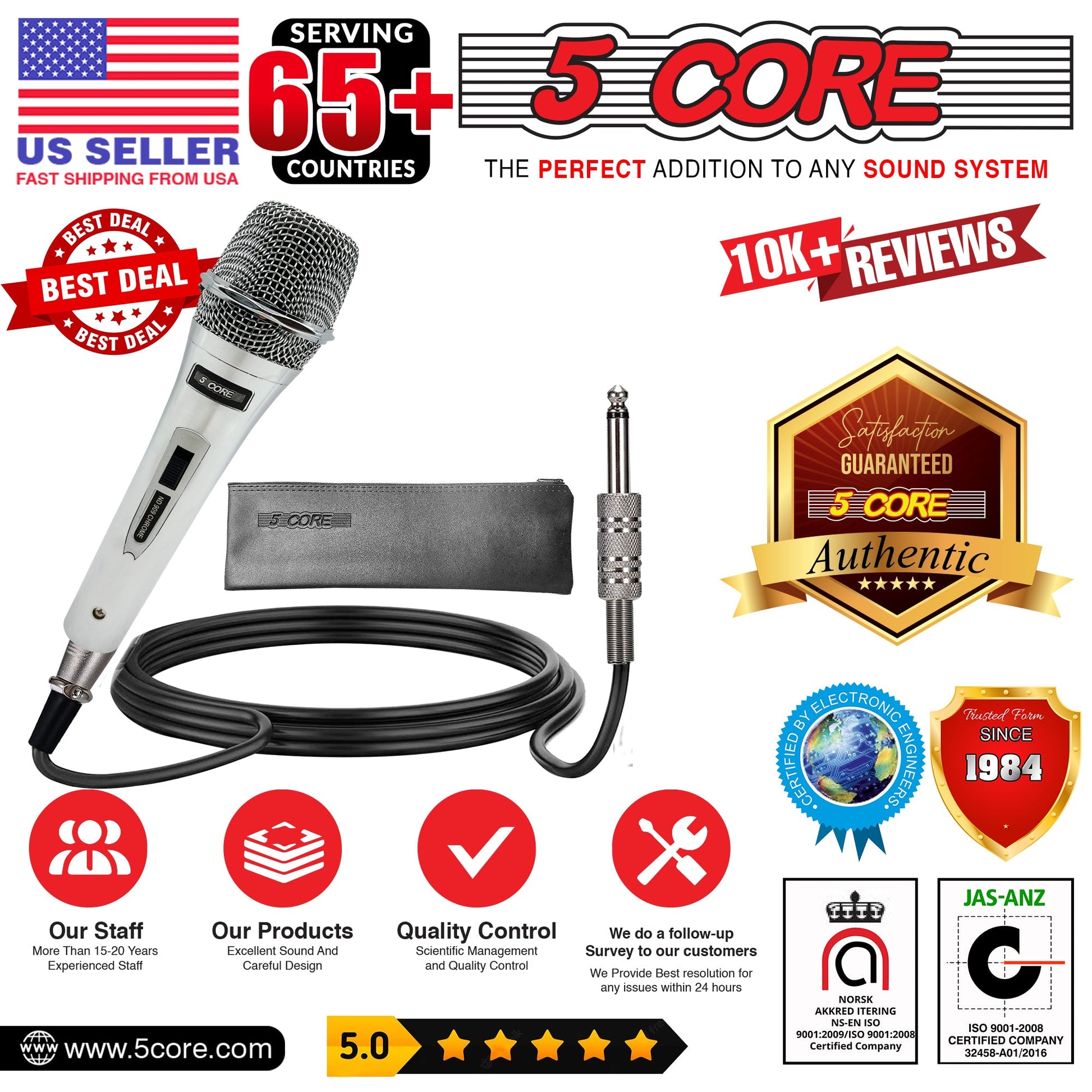5 Core Microphone Professional Dynamic Karaoke XLR Wired Mic w ON/OFF Switch Pop Filter Cardioid Unidirectional Pickup Micrófono -ND 909 CHROME 2PCS-15