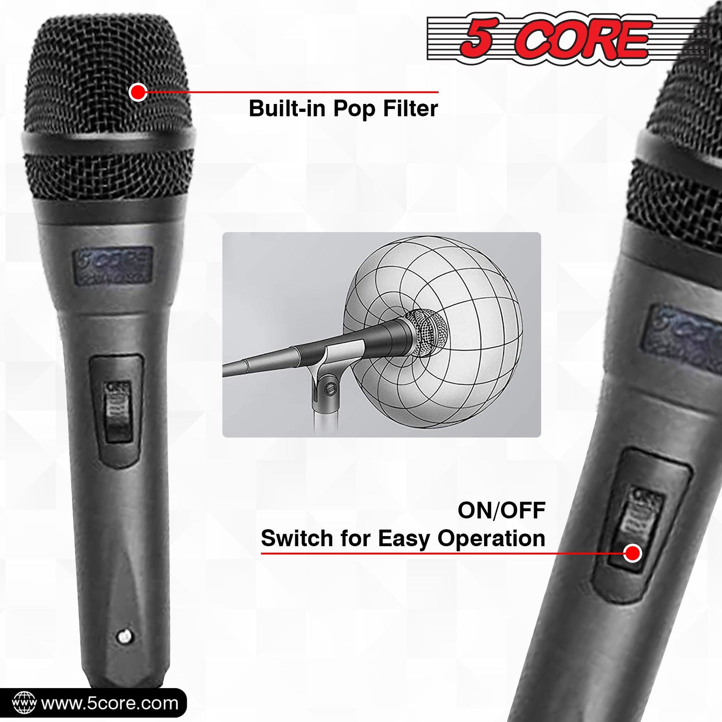 5 Core Microphone Professional Dynamic Karaoke XLR Wired Mic w ON/OFF Switch Pop Filter Cardioid Unidirectional Pickup Handheld Micrófono -ND-32 ARMEX 2PCS-8