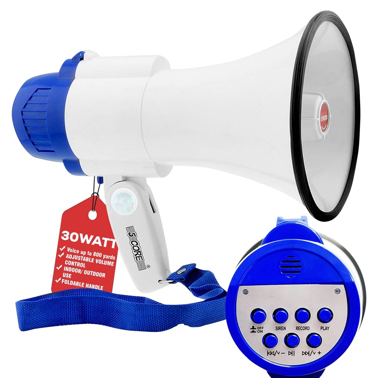 5Core Megaphone Bullhorn Speaker 30W Mini Bull Horn Battery Power Megafono 800 Feet USB BATTERY-0