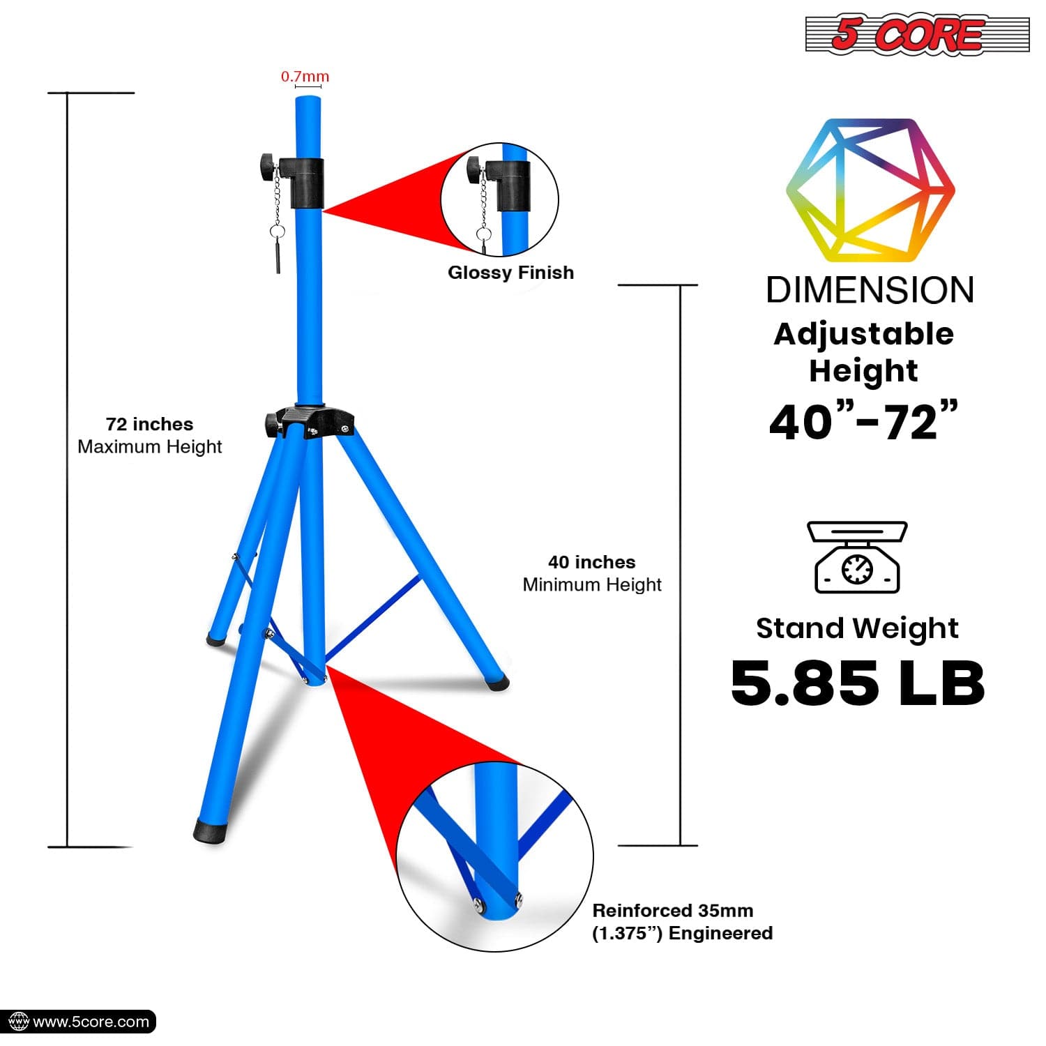 5Core Speaker Stand Tripod Tall Adjustable 72 Inch DJ Pole Mount Studio Monitor Stands SKY BLUE-3