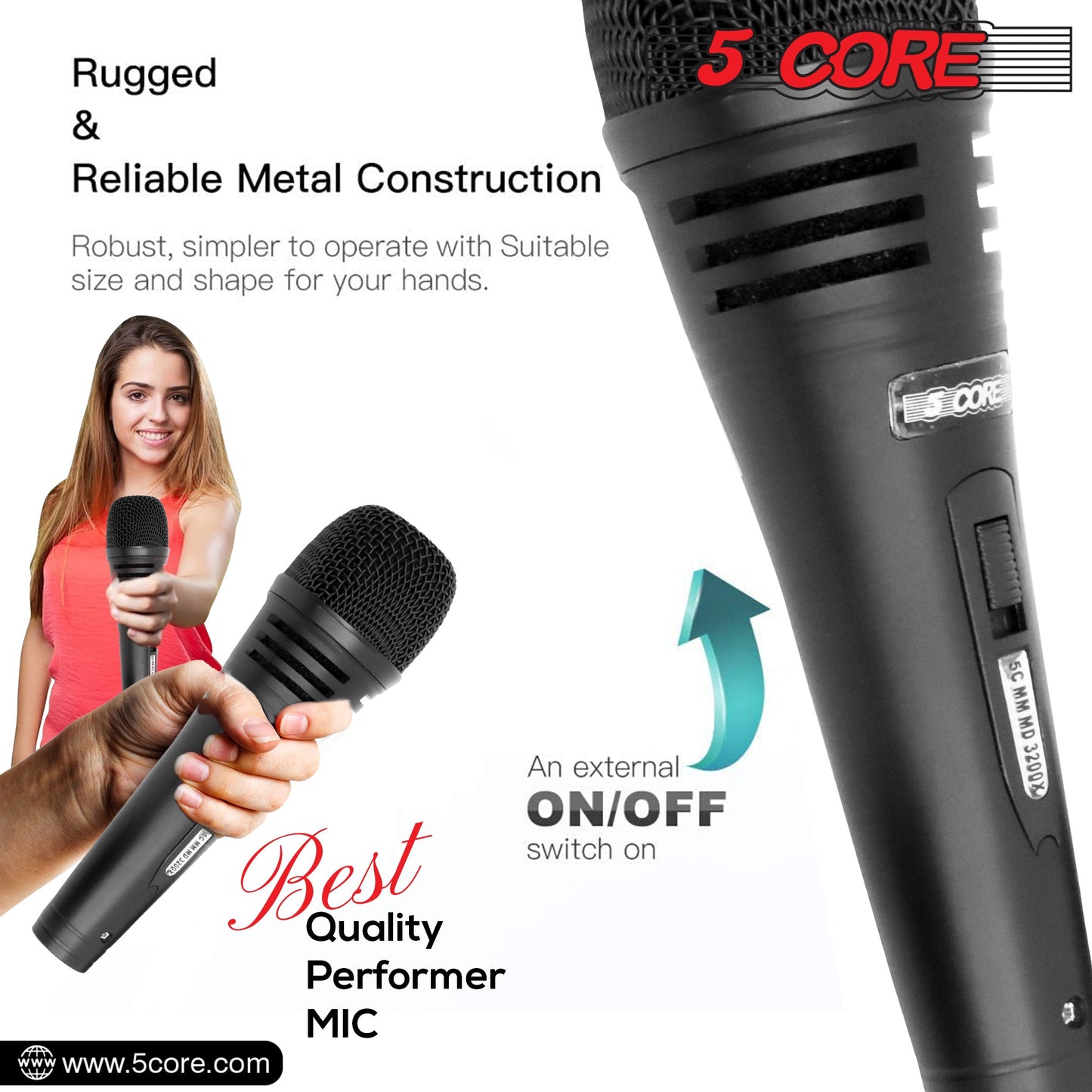 5 Core Microphone Professional Dynamic Karaoke XLR Wired Mic w ON/OFF Switch Pop Filter Cardioid Unidirectional Pickup Handheld Micrófono -ND 3200X 2 Pcs-25